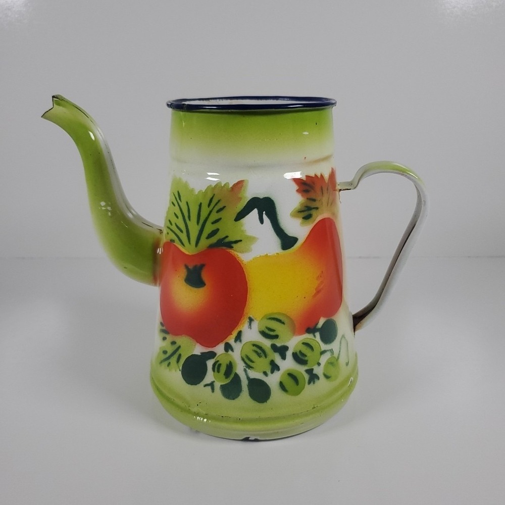 Enamelware Coffee Pot(Fruit Gooseberry & Peaches) Cottage Core, Farm House VTG